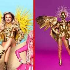 Två gyllene, glittrande dräkter. En dragartist med stora gula fjädrar och en mystisk figur med vingar, som från Masked Singer.