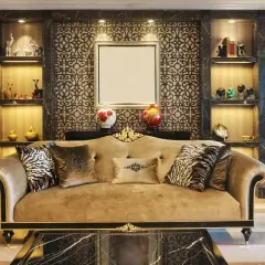 Elegancka kanapa i fotele w stylu secesja, ozdobione poduszkami z motywem zwierzęcym, tworzą luksusowy salon.