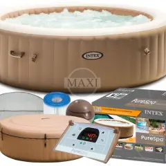 Nadmuchiwane jacuzzi Intex Pure Spa z akcesoriami: pompą, filtrem i pokrywą. Idealne do relaksu w ogrodzie.