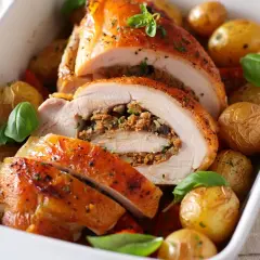 Pintade au four, dorée et juteuse, tranchée pour révéler une farce savoureuse, accompagnée de pommes de terre rôties et de feuilles de basilic frais.