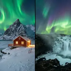 Niesamowita wycieczka do Norwegii: zorza polarna nad jeziorem z domkiem i nad lodowym wodospadem.