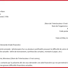 Exemple lettre CPAM : demande d'aide financière pour faire face à des difficultés. Le document liste les informations à fournir et les justificatifs nécessaires.