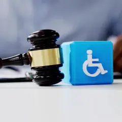 Młotek sędziowski i niebieski sześcian z symbolem osoby na wózku inwalidzkim. Może to symbolizować kiedy orzeczenie o niepełnosprawności na stałe.