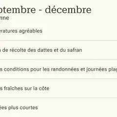 Septembre-décembre : parfait pour un trek Maroc avec températures agréables, récolte de dattes et safran, et bonnes conditions pour randonnées et plage.