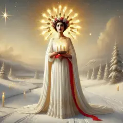 Lucia von Syrakus, gekrönt mit Kerzen, trägt Licht durch eine verschneite Winterlandschaft.