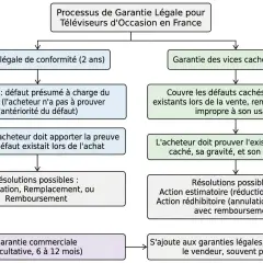 Schéma du processus de garantie légale pour téléviseurs d'occasion. En cas de produit défectueux, les résolutions possibles sont réparation, remplacement ou remboursement.