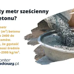 Ile waży m3 betonu? Średnio 1 metr sześcienny betonu waży 2400-2500 kg. Gęstość betonu wynosi ok. 2400-2500 kg/m³.