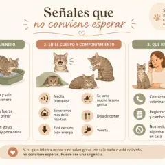 Gato en arenero, maullando, lamiéndose, decaído. Si tu gato intenta orinar y no puede, contacta al veterinario.