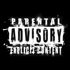 Napis "PARENTAL ADVISORY EXPLICIT CONTENT" w stylu graffiti, ostrzegający przed treściami nieodpowiednimi dla dzieci.