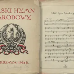 Okładka "Polski Hymn Narodowy" z 1921 r. z godłem orła i nutami, ukazująca, jak powstał hymn polski.