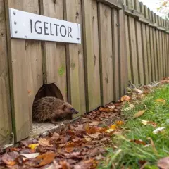 Ein Igel nutzt den "Igel-Tor"-Durchgang im Zaun, um in den Garten zu gelangen.