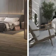 Chambre moderne avec sol imitation bois et terrasse avec un canapé blanc, un fauteuil en bois et un type de carrelage à motifs bleus.