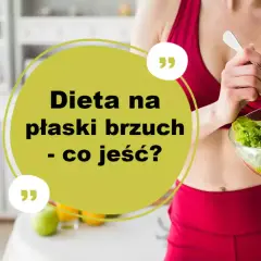 Kobieta w czerwonym stroju sportowym je sałatkę. Napis: "Dieta na płaski brzuch - co jeść?".