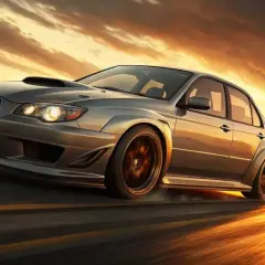 Coche deportivo plateado en una carretera al atardecer, con humo saliendo de las ruedas.