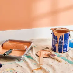 Painting supplies, including a roller in a tray and a can of peach-colored satin paint, are laid out on a drop cloth.