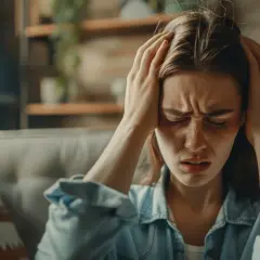 Kobieta z rękami na skroniach, cierpiąca z powodu bólu głowy, który może być jednym z objawów zespołu serotoninowego.