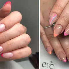 Två olika stilar av fransk manikyr. Den ena med neonrosa kanter, den andra med pastellfärgade linjer och orange kanter.