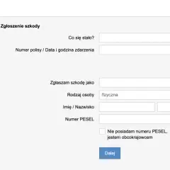 Formularz zgłoszenia szkody w Hestii. Wpisz dane polisy, datę i godzinę zdarzenia, a także informacje o sobie.