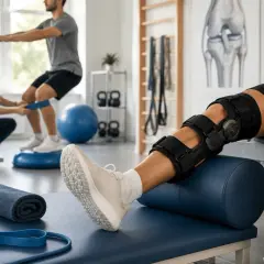 Rehabilitacja po zerwaniu mięśnia czworogłowego uda. Pacjent w ortezie kolana ćwiczy pod okiem fizjoterapeuty.