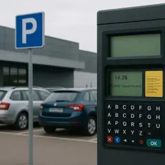Parkomat z klawiaturą i ekranem wyświetlającym "Numer rejestracyjny" oraz instrukcję. W tle parking z samochodami i znak "P". To miejsce, gdzie dokonuje się wezwanie do zapłaty parking.