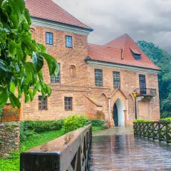 Deszczowy dzień nad zamkiem w Oporowie. Drewniany mostek prowadzi do ceglanego budynku, otoczonego zielenią.