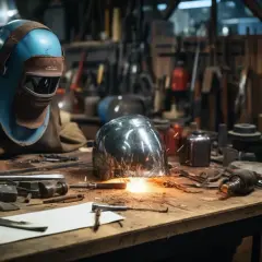 Kask spawalniczy i narzędzia na stole warsztatowym, iskry od spawania.