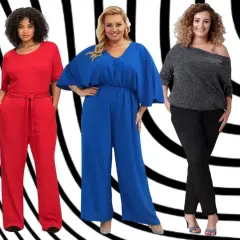 Elegancki kombinezon na wesele plus size w czerwonym kolorze, obok kobaltowy i czarny zestaw.