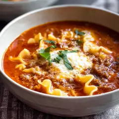 En skål med värmande lasagne soppa med köttfärs, pasta och en klick krämig ost, toppad med färsk basilika.