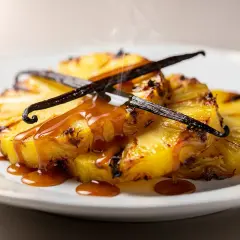 Tranches d'ananas rôti, nappées d'une sauce caramélisée et garnies de gousses de vanille. Vapeur légère s'échappant du plat.
