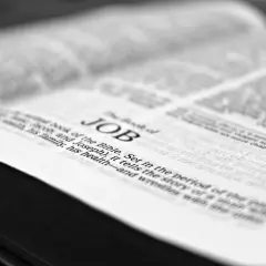 Otwarta Biblia, widoczna strona z tytułem "JOB". Czy nowenna rozwiązująca węzły działa? Historia Hioba pokazuje siłę wiary.