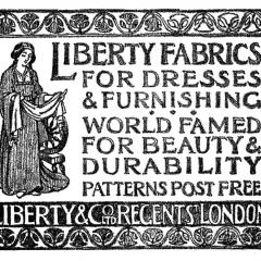 Publicité style liberty : femme présentant des tissus Liberty, célèbres pour leur beauté et durabilité. Liberty & Co, Regent Street, Londres.