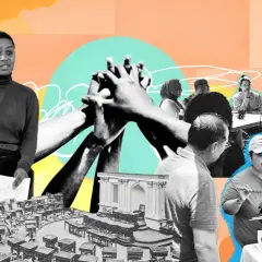 Diverse people engage in discussions and unite hands, symbolizing why civic participation is important for community action and change.