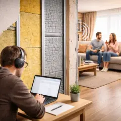 Uomo con cuffie lavora al laptop, mentre una coppia rilassata in soggiorno mostra l'importanza della classificazione acustica negli edifici.