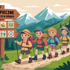 Dzieci wyruszają na wycieczkę w góry. Na drogowskazie widnieje napis "Bezpieczne wakacje w górach", a obok ikony apteczki, namiotu i mapy.