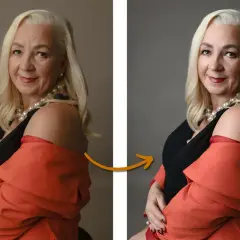 Kobieta z blond włosami i perłami, uśmiecha się. Po prawej stronie widać efekt pracy w photoshop beta, gdzie poprawiono kolory i tło.