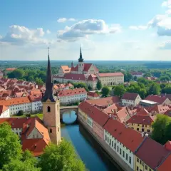 Malowniczy widok na miasteczko z kanałem, kościołem i klasztorem. Idealne na jednodniowy wypad, jedno z ciekawych miejsc w Polsce.