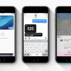 Jak płacić Apple Pay? Trzy iPhone'y pokazują różne etapy płatności: karta, wiadomość z prośbą o pieniądze i potwierdzenie płatności Lyft.