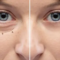 Prima e dopo: riduzione delle rughe sotto gli occhi. La pelle appare più liscia e giovane.
