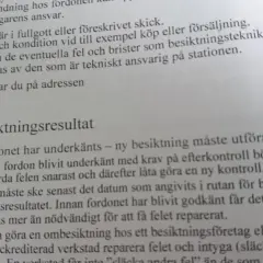 Text om besiktningsresultat och ombesiktning regler. Fordonet underkänt, ny besiktning krävs.