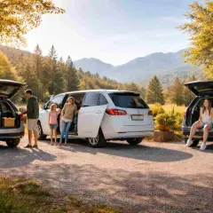 Rodzina pakuje bagaże do MPV, gotowa na wycieczkę. Co to za auto? To przestronny samochód rodzinny.
