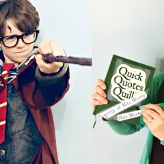Dzieci w strojach Harry'ego Pottera i kobieta jako Rita Skeeter z książką "Quick Quotes Quill".