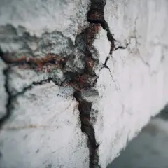 Dettaglio di calcestruzzo crepato con armatura arrugginita a vista. Un esempio di come NON si fa il calcestruzzo.