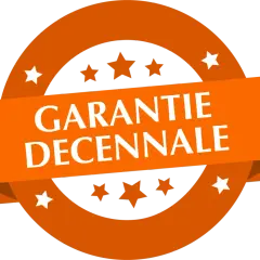 Badge orange avec "GARANTIE DECENNALE" en blanc. Assure la protection en cas d'intervention d'une autre entreprise.