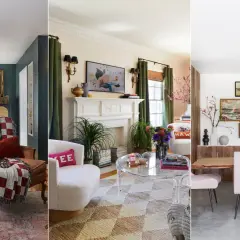 A collage of three rooms showcasing transitional interior design, blending classic and modern elements.
