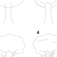 Ilustracja pokazuje kolejne etapy, jak namalować drzewa. Od prostego pnia do rozbudowanej korony.