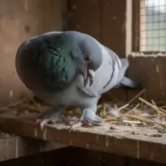 Gołąb pochyla się nad maleńkim kleszczem obrzeżkiem, który czai się na desce w gołębniku.