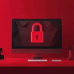 Czerwony monitor i telefon z ikoną kłódki. System zabezpieczony, jakby szyfrowanie AES ECB chroniło dane.