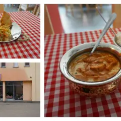 Trzy zdjęcia: dania kuchni nepalskiej, restauracja z zewnątrz i danie z ryżem.