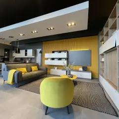Soggiorno moderno con parete gialla, divano grigio con cuscini e plaid gialli, poltrona gialla, tavolino giallo e libreria in legno. Un esempio di colore da abbinare al giallo pareti.