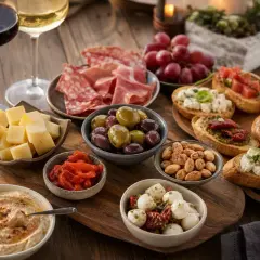 Köstliches **Essen zur Weinprobe**: Bruschetta, Käsewürfel, Oliven, Mandeln, Hummus, Mozzarella-Bällchen, Peperoni und Aufschnitt.